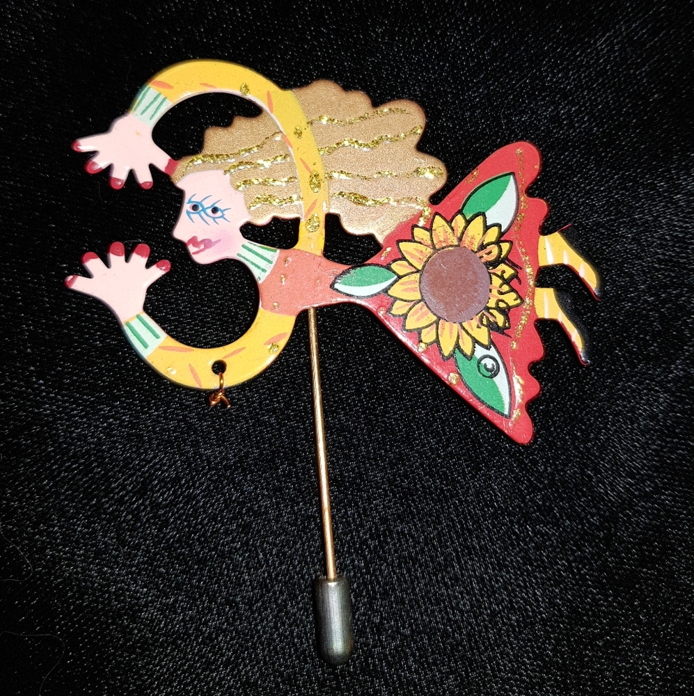 Brooch Flying Lady with Sunflower Hand Painted